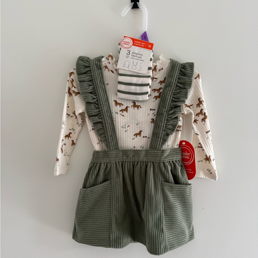 Horse Shirt with Green Pinafore Skirt Set and Tights